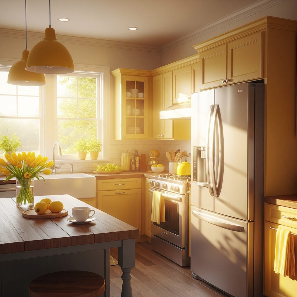 Bright yellow-themed PU finish modular kitchen with morning sunlight streaming in, designed by Yello-W-Decor.