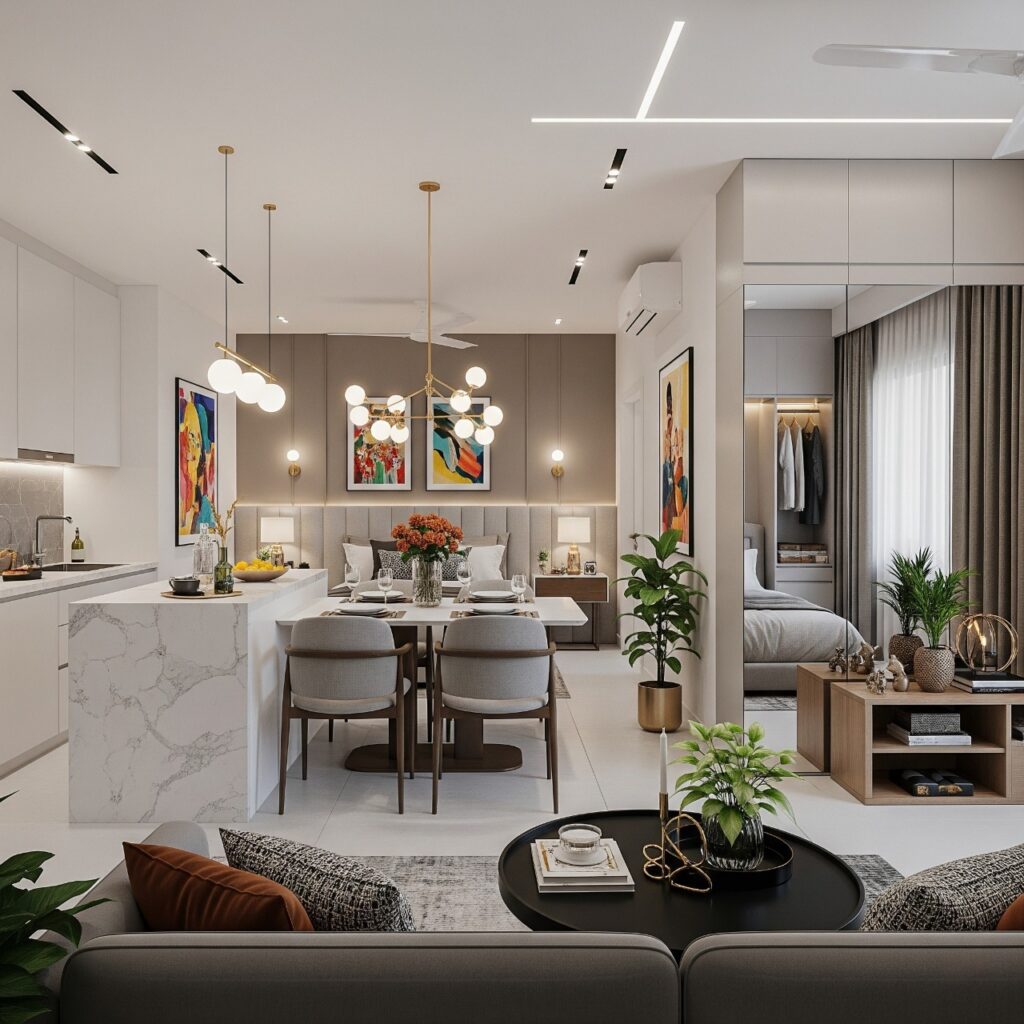 Urban chic living room design in a modern 2BHK apartment by Yello-W-Decor, showcasing smart storage and stylish interiors.