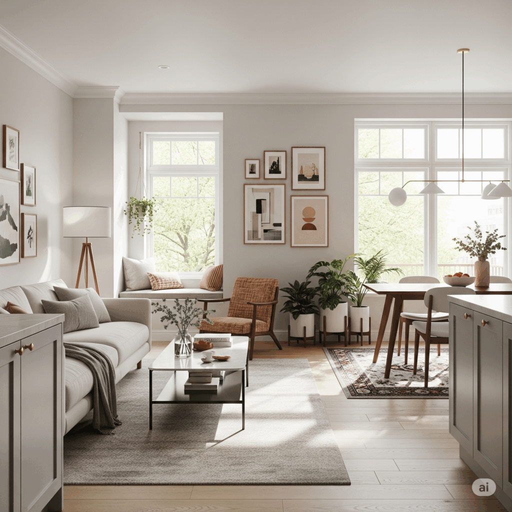 Bright and modern living room showcasing interior design ideas for first-time homeowners, featuring cozy furniture and smart layout.
