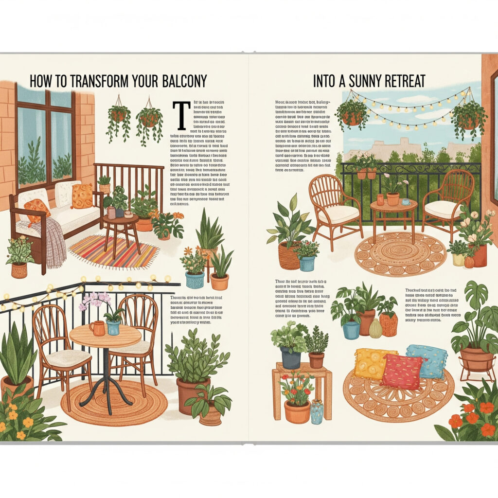 Sunny modern balcony with cozy seating, vibrant cushions, and greenery, showcasing Accessorizing Tips for Interiors.