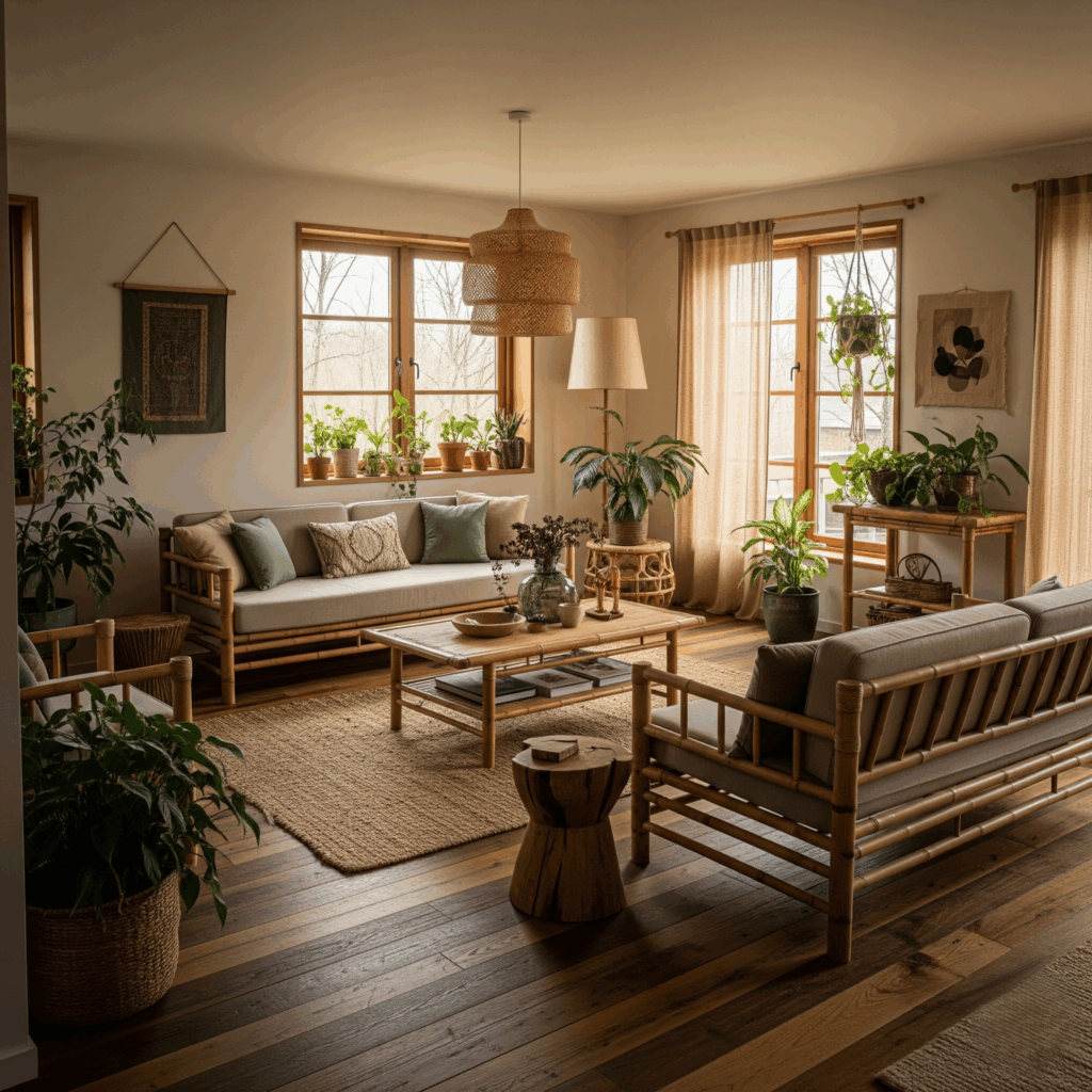 "Eco-conscious living room designed after a style quiz for interior design"