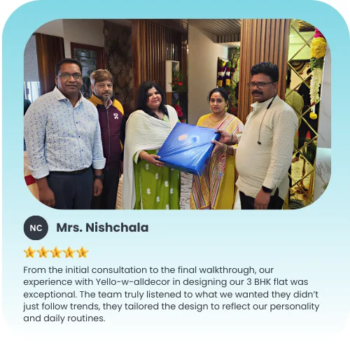 "Customer review photo for interior design services in Bangalore with Yellow Wall Decor."