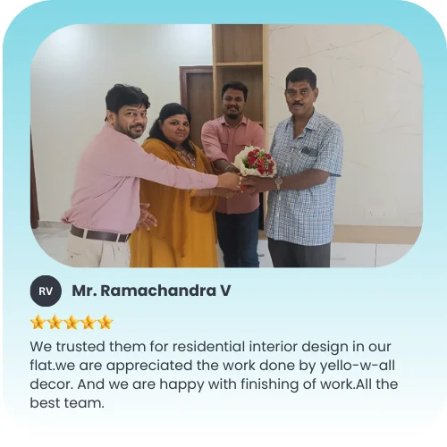 "Happy client sharing testimonial about Bangalore interior design with Yellow Wall Decor."