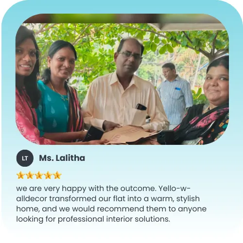 "Satisfied client review for interior design in Bangalore featuring Yellow Wall Decor."