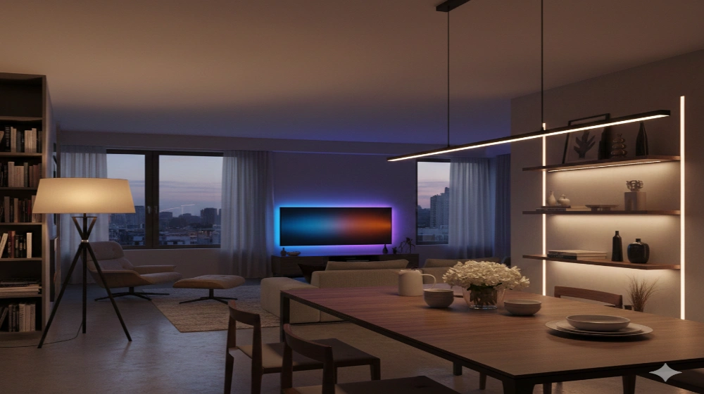 Lighting ideas for flat enhancing yellow wall decor with warm lights