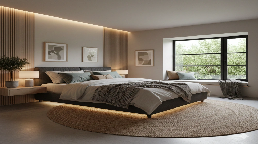 Master bedroom interior design featuring cozy lighting and calm neutral decor