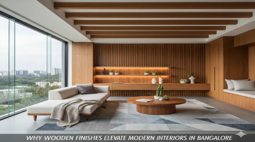 wooden finishes in modern interiors by yello-w-alldecor Bangalore