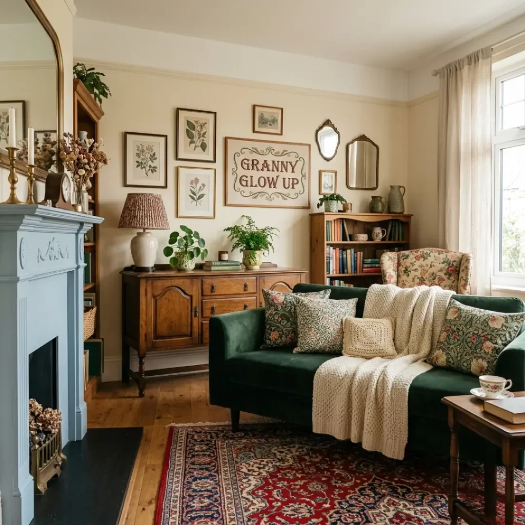 living room interior design near me with granny glow up vintage cozy decor yellow wall decor