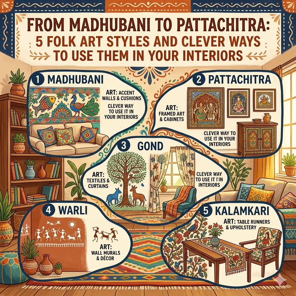 Indian Folk Art for Interiors featuring Madhubani painting in living room decor
