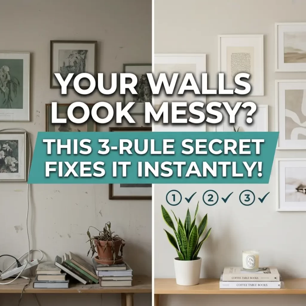 art decor interior design wall styling with balanced frames using 3 rule