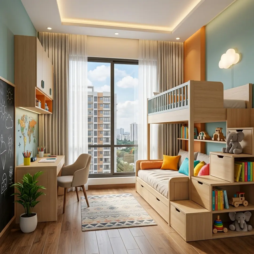 Functional kids bedroom design in Bangalore home with smart storage by Yellow Wall Decor interior services.