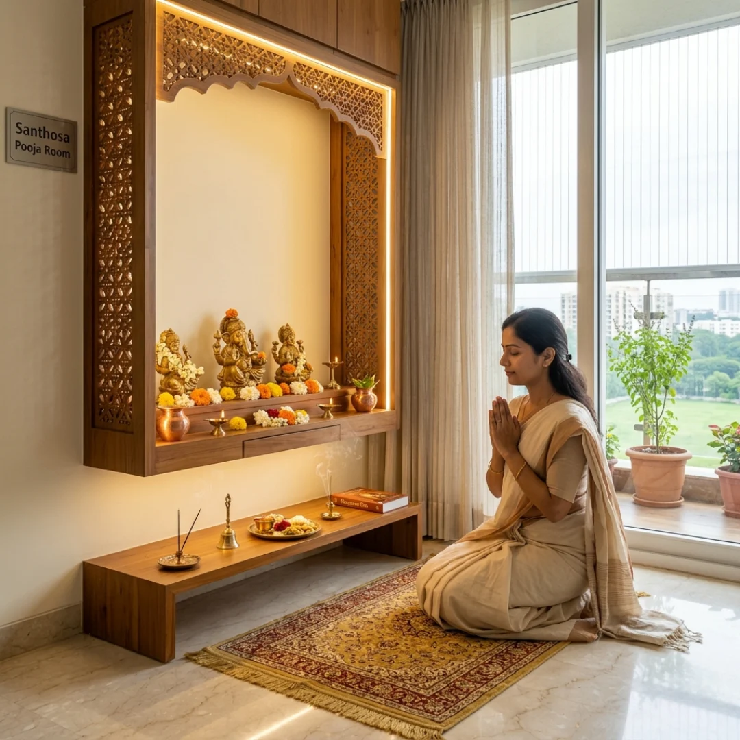 Modern Small Pooja Room Design by Yellow Wall Decor