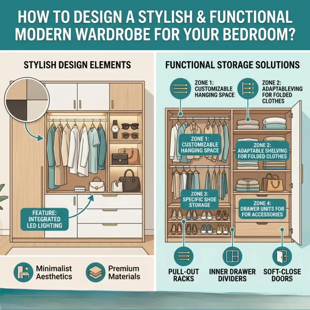 Modern wardrobe design for bedroom by Yellow Wall Decor with stylish and functional interior design ideas