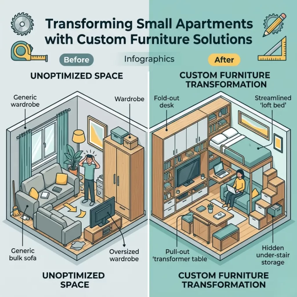 Custom furniture for small apartments with space-saving design by Yellow Wall Decor interior services.