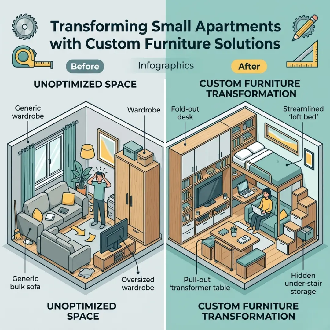 Custom furniture for small apartments with space-saving design by Yellow Wall Decor interior services.