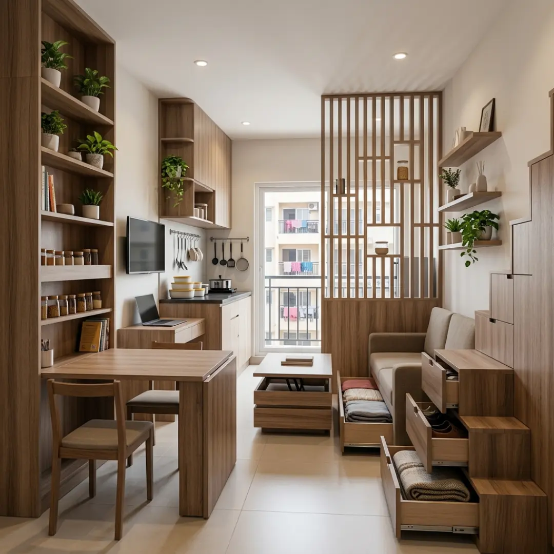 Modern Bangalore apartment featuring space-saving interior ideas by Yellow Wall Decor