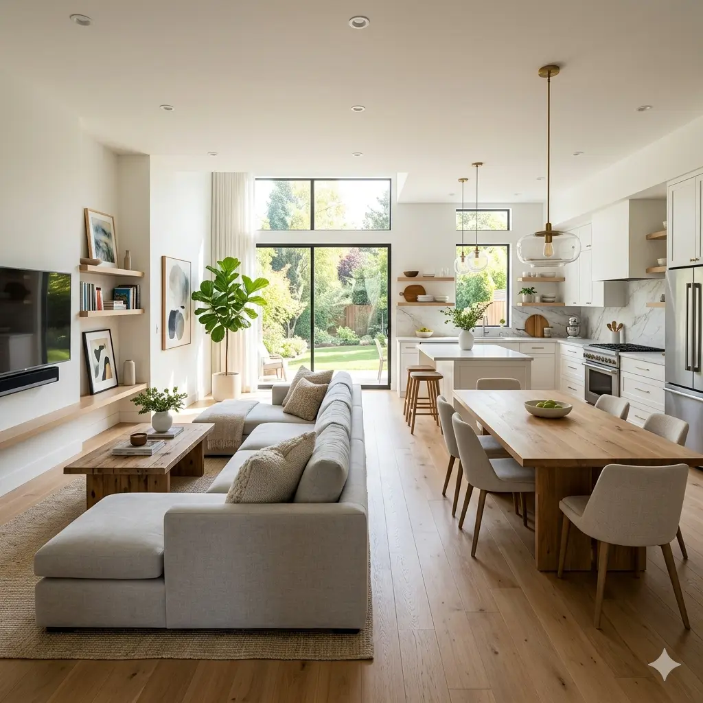 Modern open concept interior design living space by Yellow Wall Decor