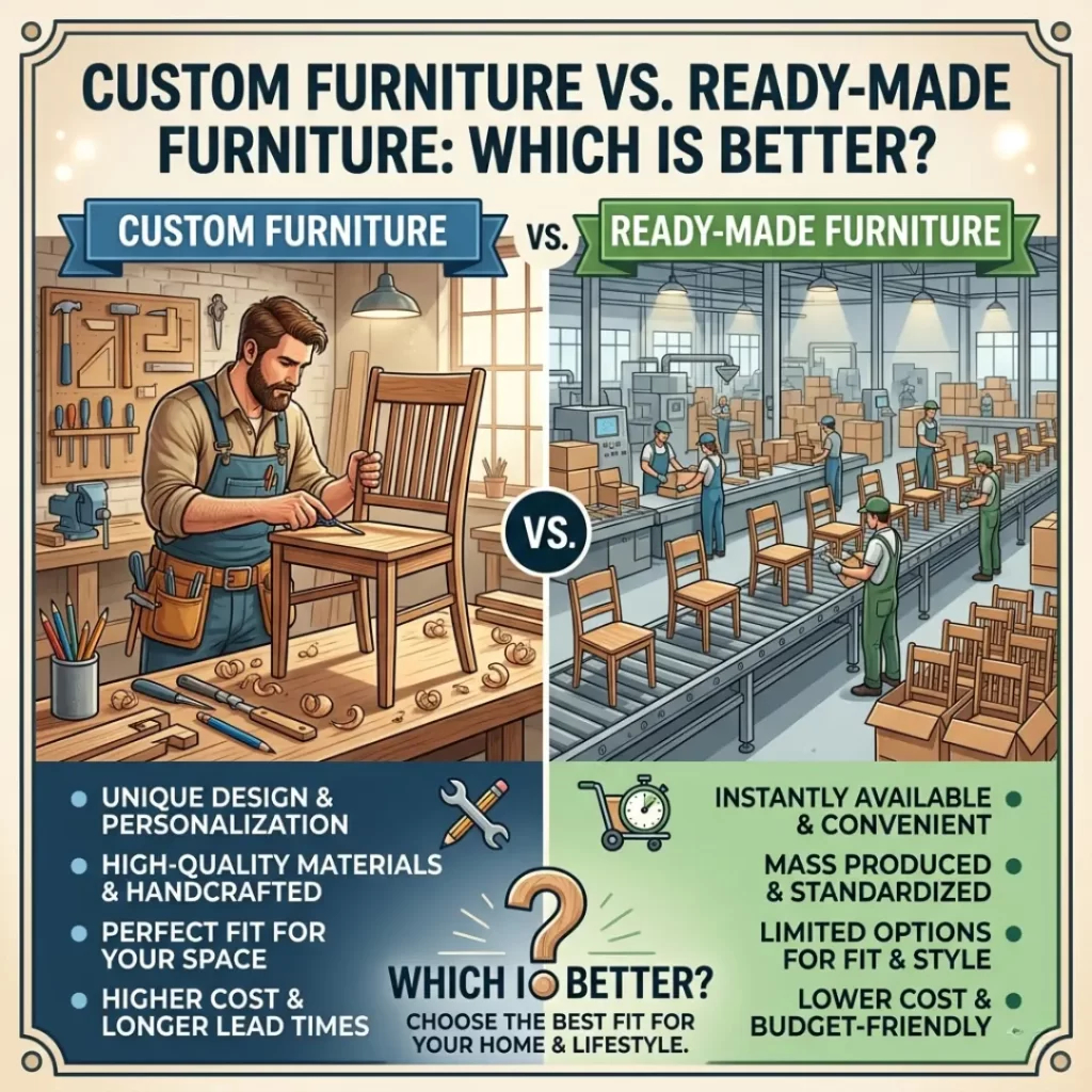 Custom furniture benefits showcased in a modern living room compared with ready-made furniture by Yellow Wall Decor