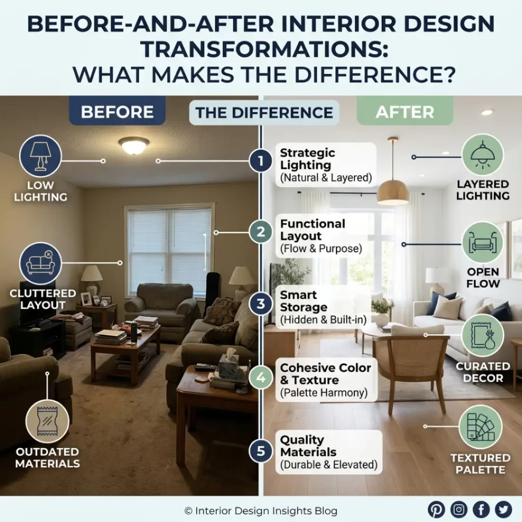 Before and after interior design transformation showcasing a modern home makeover by Yellow Wall Decor