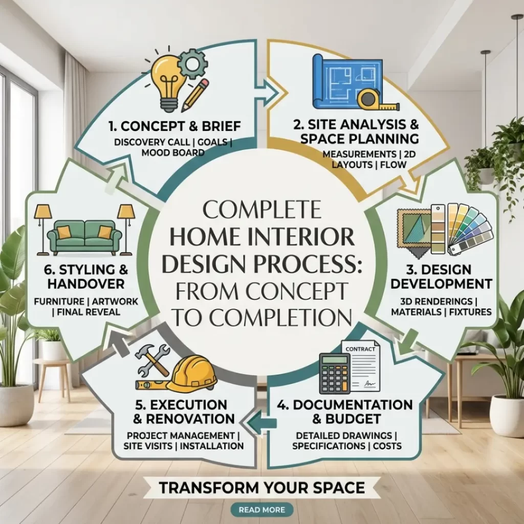 Home interior design process from concept planning to project completion by Yellow Wall Decor