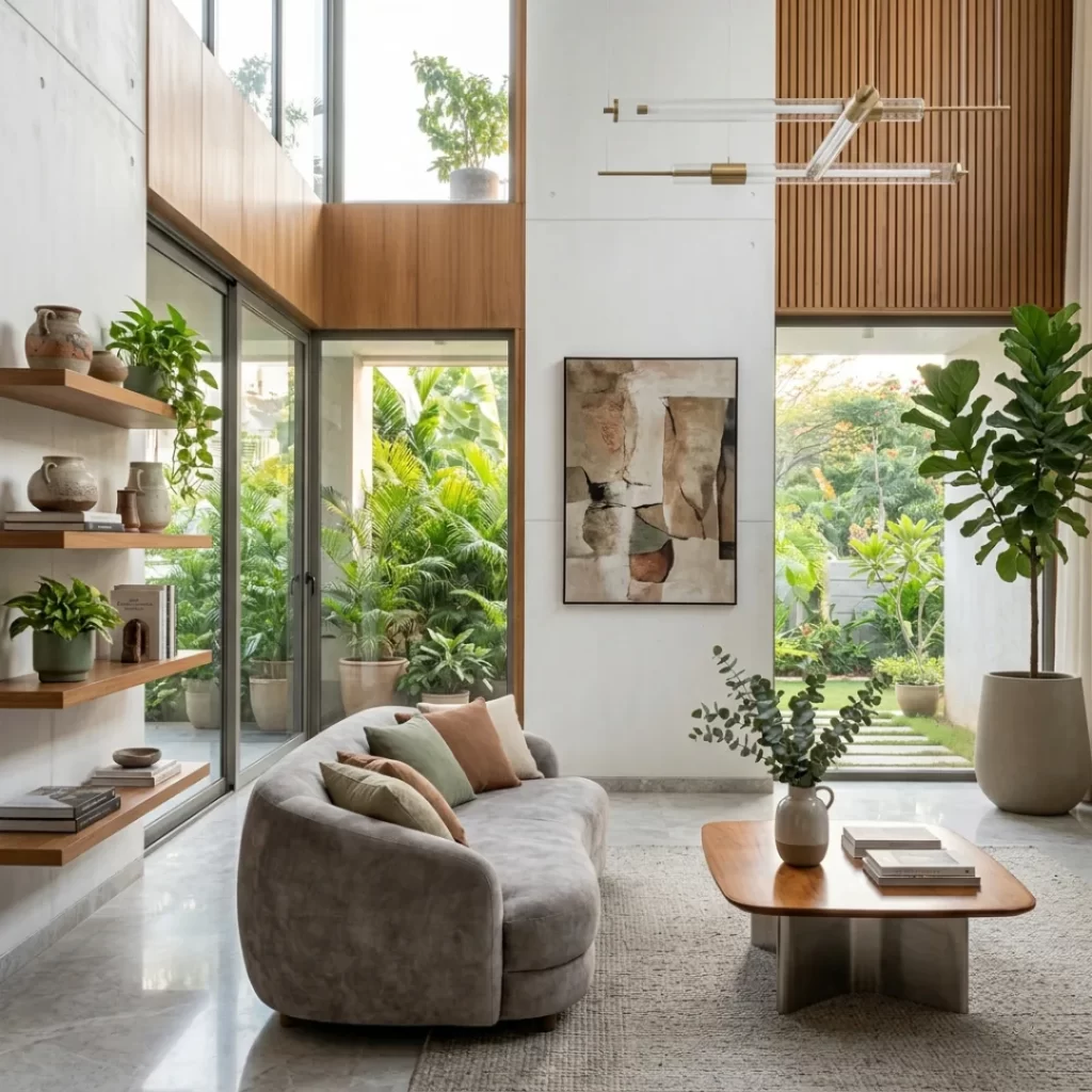Luxury home interiors in Bangalore with contemporary nature-inspired design by Yellow Wall Decor
