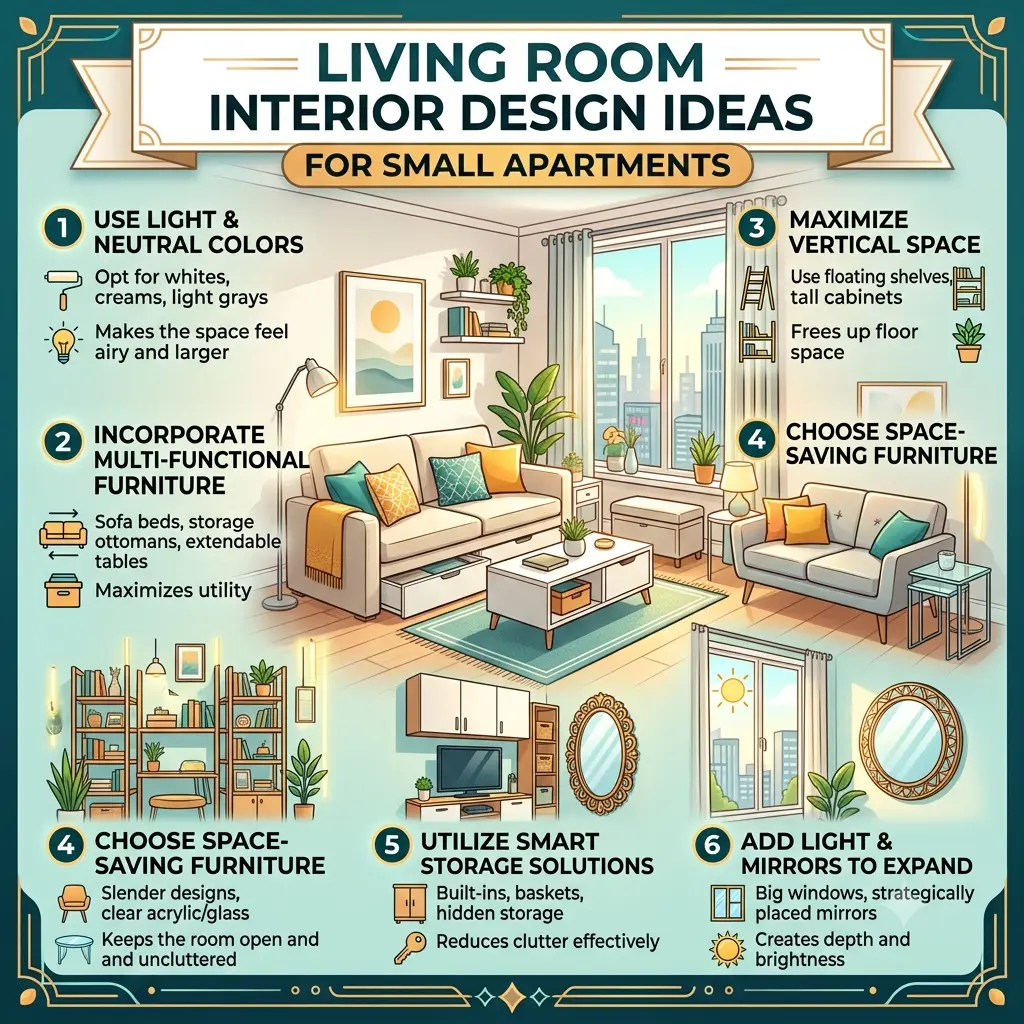 Modern small living room interior design for apartment by Yello-w-Alldecor featuring space-saving furniture and elegant décor.