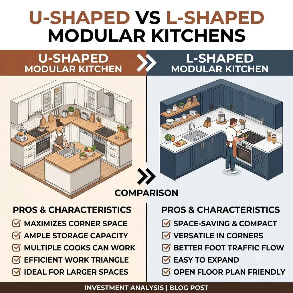 Best modular kitchen design comparing U-shaped and L-shaped kitchen layouts by Yello-w-alldecor